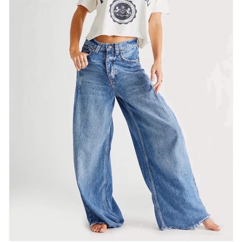 Free People Wide Leg Flare Jeans in Light Blue Wash